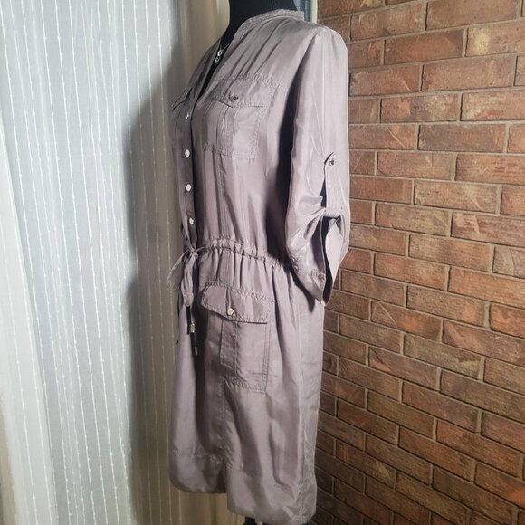 Michael Kors Silk Shirt Dress Taupe - 3/4 Button Tab Sleeves Cinch Waist - Sz M - Picture 5 of 11